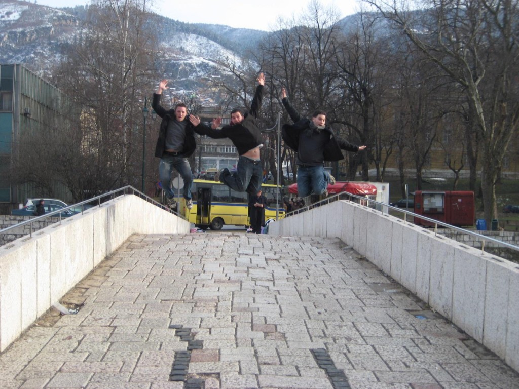 Jumping on Latin Bridge in Sarajevo, Bosnia and Herzegovina