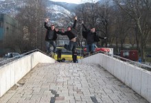 Jumping on Latin Bridge in Sarajevo, Bosnia and Herzegovina