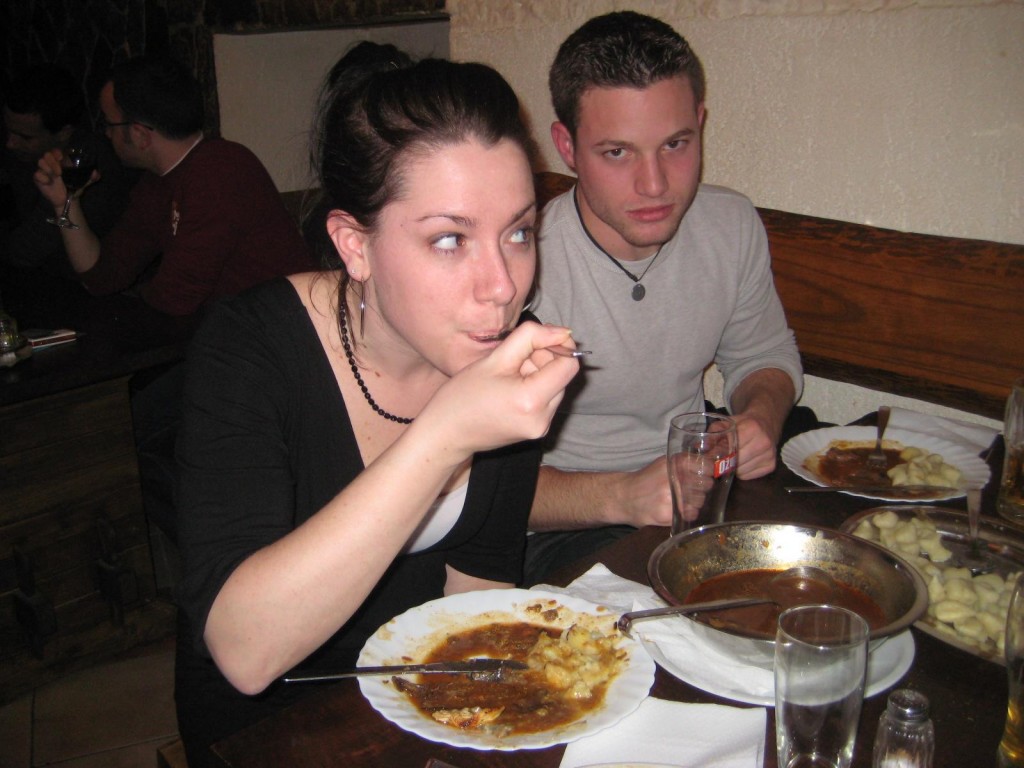 Chandra and Matt eating Pasticada at Fife in Split, Croatia