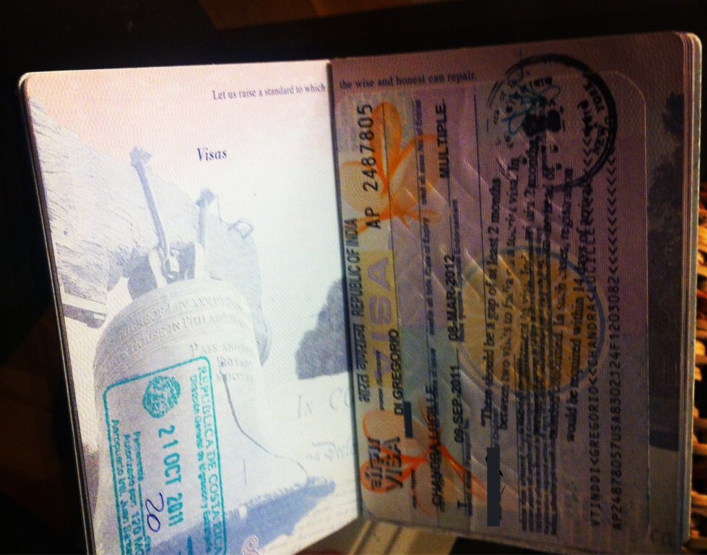 Indian visa in passport next to Costa Rica entry stamp