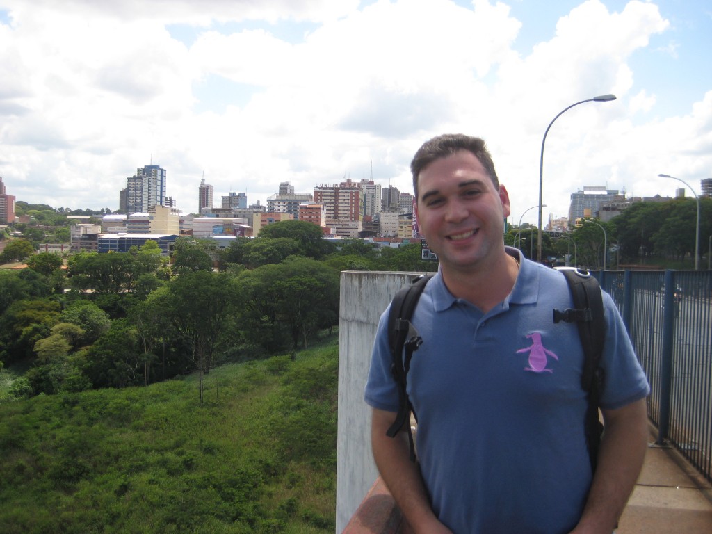 Husband (in Brazil) on Friendship Bridge with Ciudad del Este 