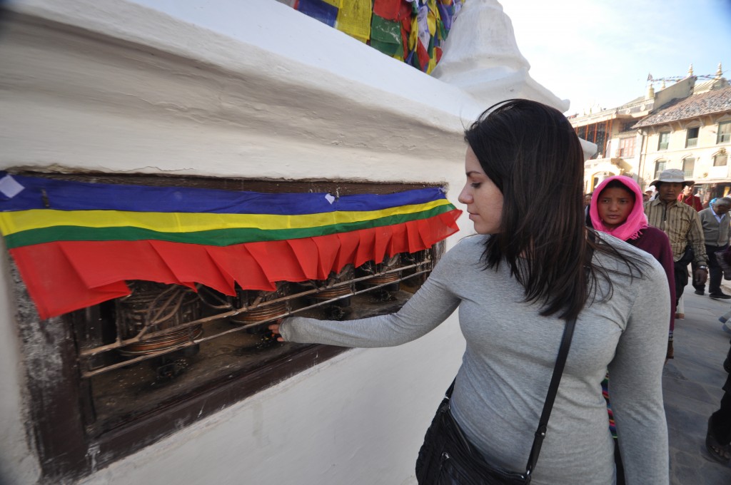 Spinning prayer wheel at Boudhanath Stupa kathmandu nepal