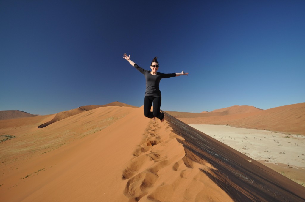 Jumping on Sossusvlei Dunes Namibia