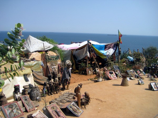 Art shanties overlooking the ocean on Goree Island in Senegal