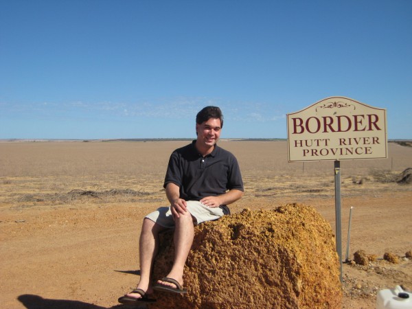 Perched atop the border post between the Commonwealth of Australia and the Principality of Hutt River