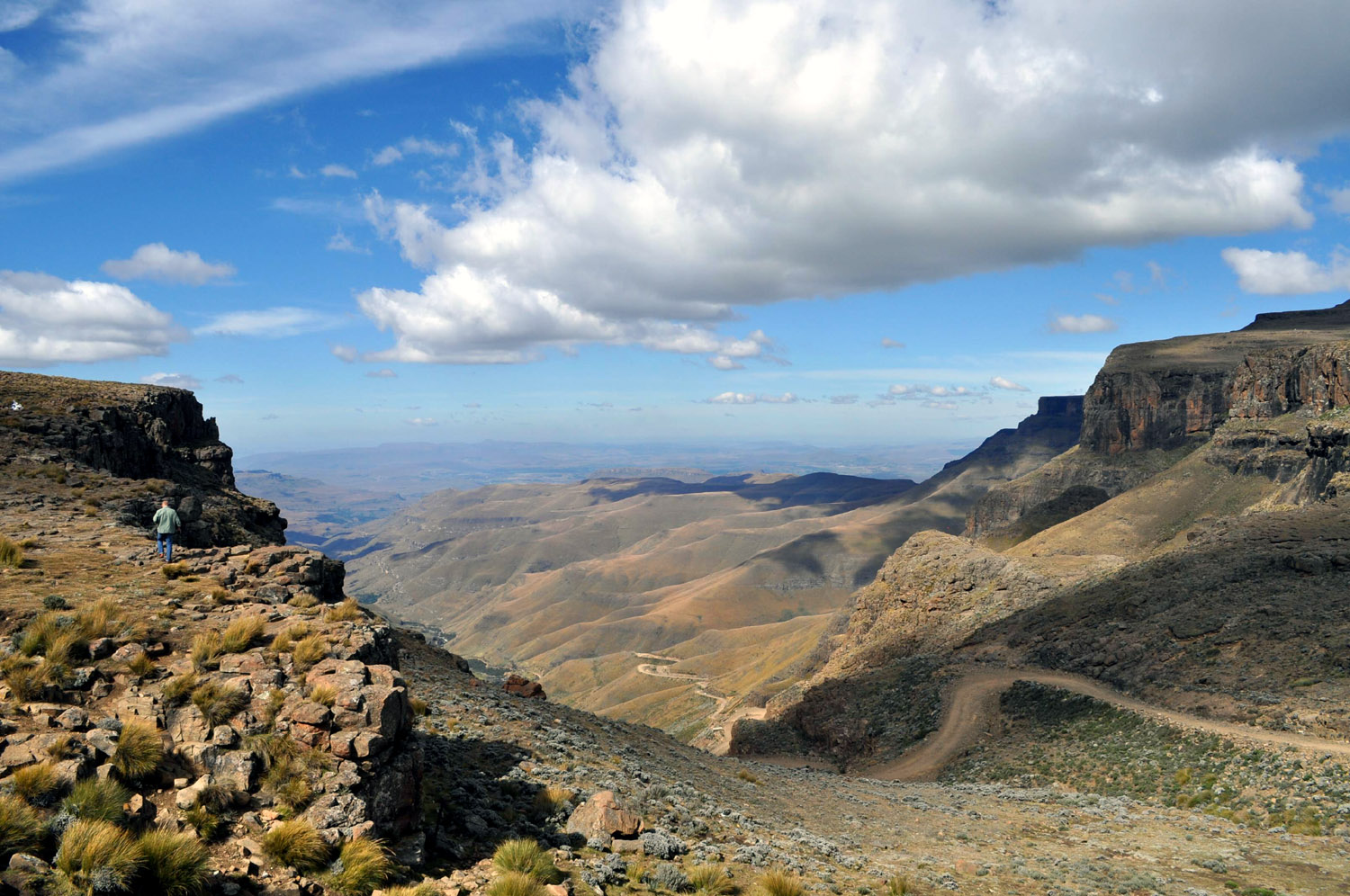 Beautiful view of the Sani Pass and Drakensberg Mountains from the top of the Sani Pass