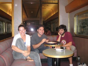 Me with my dear friends Becca and Travis in our usual booth aboard the Indian Pacific with Scrabble all set up