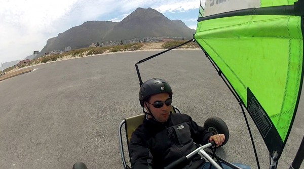 Dave blokarting with the mountains of Cape Town in the background