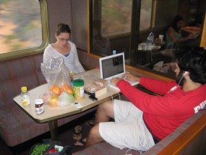 A snapshot of life on the Indian Pacific.  Laptops, fruit, Nutella and desolation passing by out the window