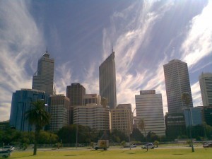 The Perth skyline with some dramatic clouds