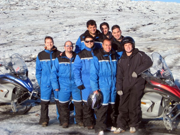 Our group on the Langjökull Glacier part-way through our snowmobile adventure