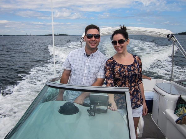 Chandra and I at the helm as we depart Port Washington and head towards New York City