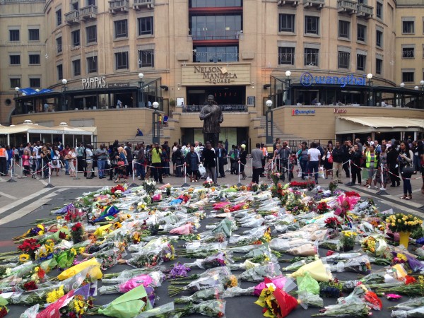 Flowers adorn Nelson Mandela Square in Johannesburg