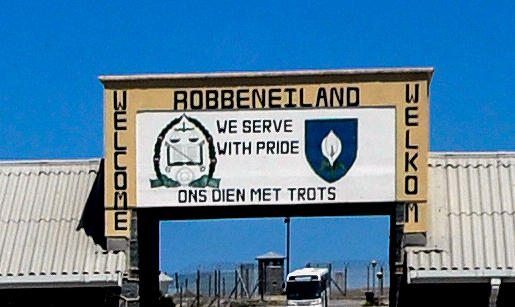 Robben Island prison entrance written in both English and Afrikaans