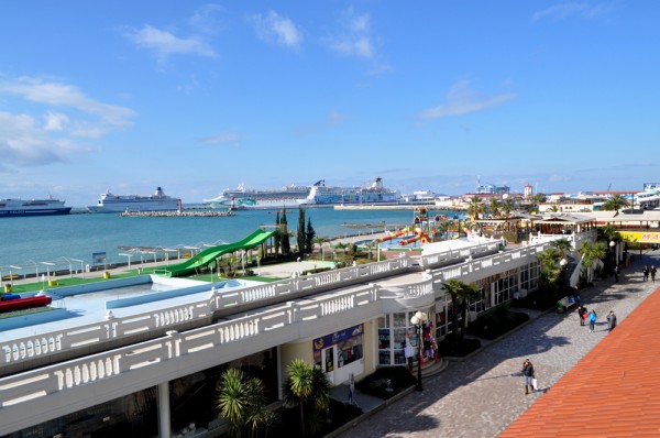 It may be winter, but you can tell from one look at the Sochi Seaport just how much of a summertime destination this place is. Waterslides and theme parks line the edge of the Black Sea among palm trees and cheery pedestrian only streets. In the background you can see some of the cruise ships in town for the 2014 Winter Olympics.