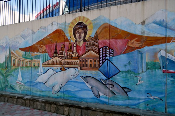 Street art isn't contained to sculpture. This mural sits just a block from Sochi Train Station and says a lot about how the coastal city views itself.