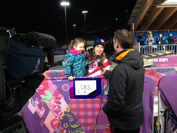 Noelle Pikus-Pace being interviewed after winning the Silver medal for Skeleton