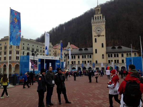 Rosa Square and its clock-tower mark the center of Rosa Khutor and the hub of activity