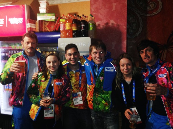 The ONS team having some beers in the back-room of a grocery store