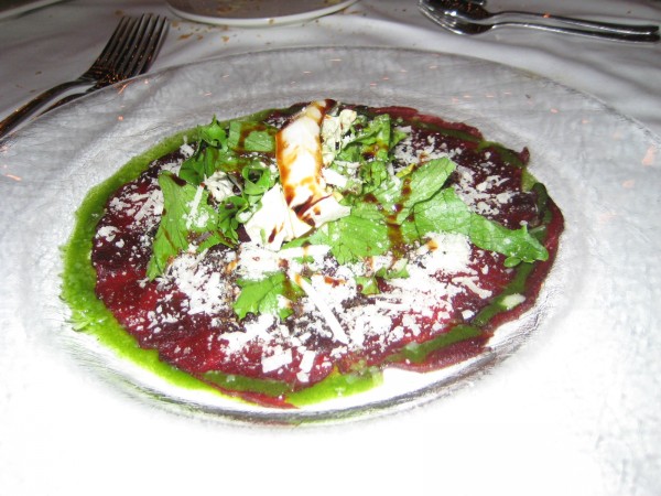 Minke whale carpaccio served with wasabi flan and sweet soya sauce at Perlan restaurant in Reykjavik 