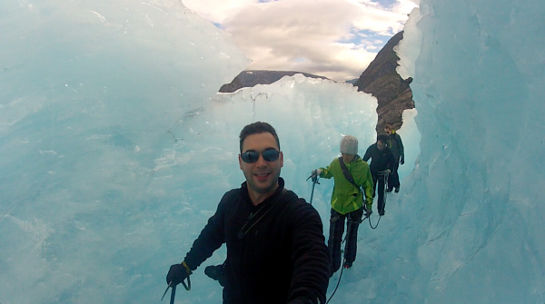 Ice caves can be a lot of fun but without your crampons you couldn't even stand up on the curved floor.