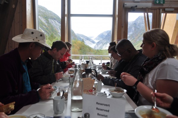 Having lunch at the glacier centre before setting off on our trek. You can see the glacier out the window.