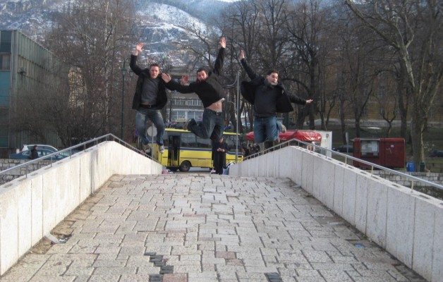 Jumping on Latin Bridge in Sarajevo, Bosnia and Herzegovina