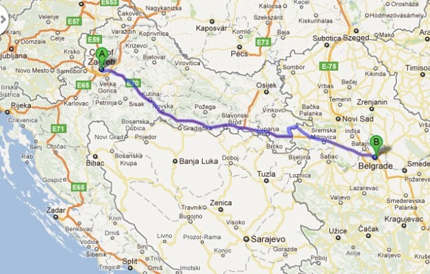 Google map directions of Zagreb, Croatia to Belgrade, Serbia