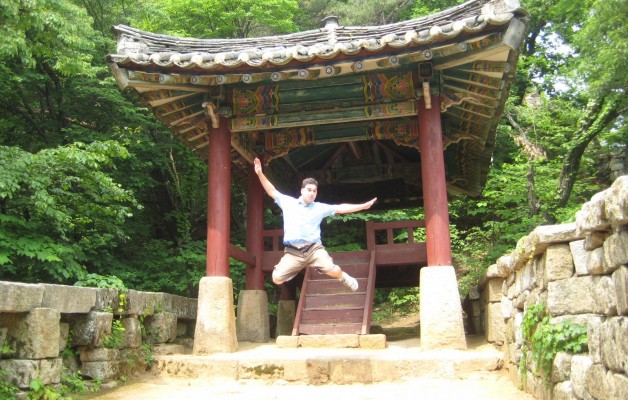 Jumping for joy in North Korea - can you believe I took this with the timer on the very first try?  Oh and Bakyeon Waterfall Pavillion behind me is pretty cool too.