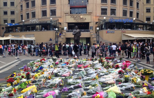 Flowers adorn Nelson Mandela Square in Johannesburg